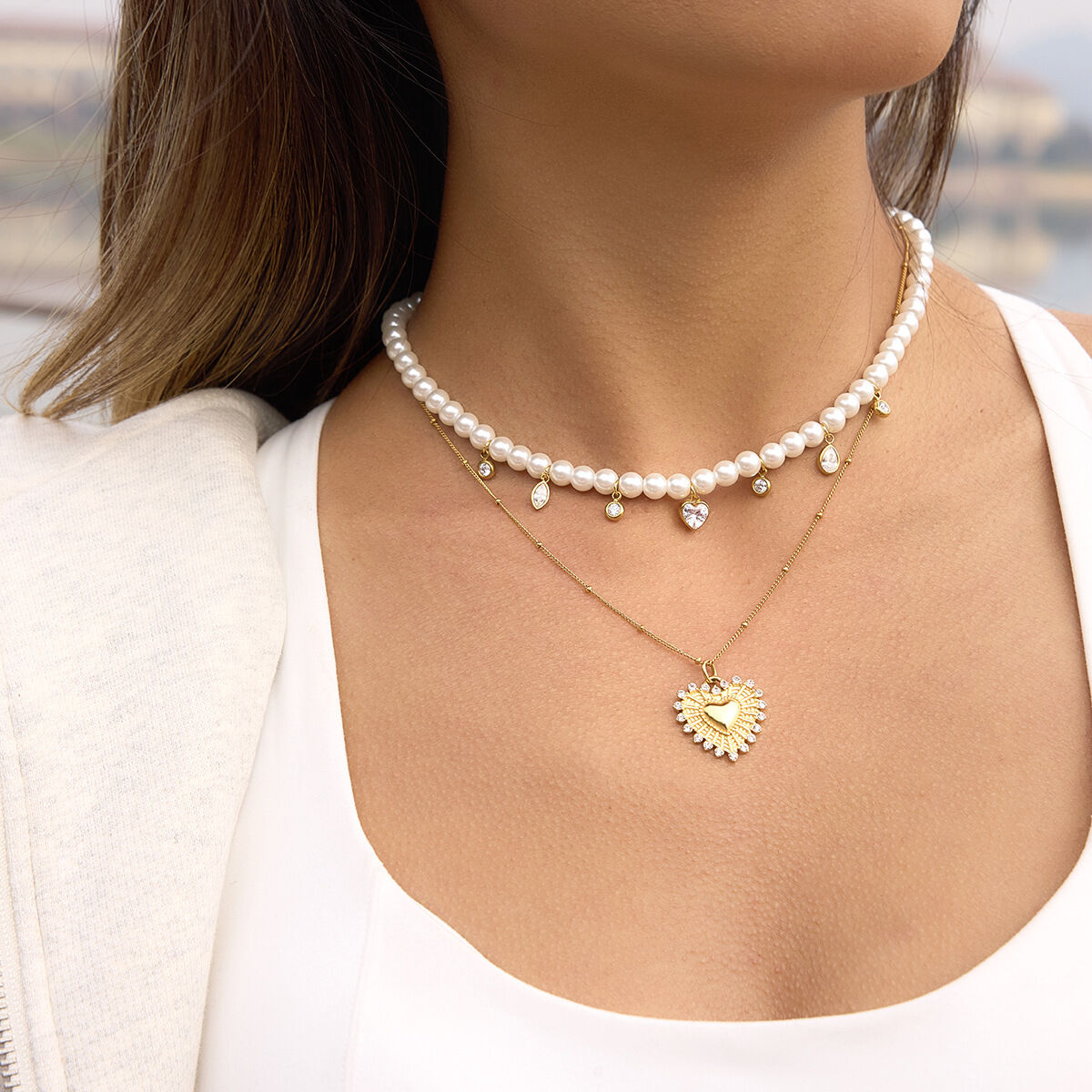 Retro Heart Beads Stainless Steel Waterproof Gold Color Zircon Women's Pendant Necklaces