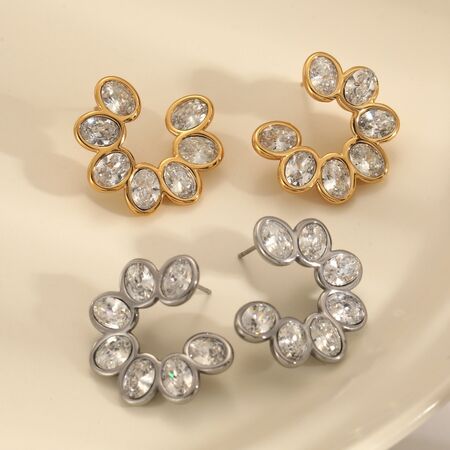 Sweet Flower Stainless Steel Waterproof Gold Color Rhinestone Women's Stud Earrings