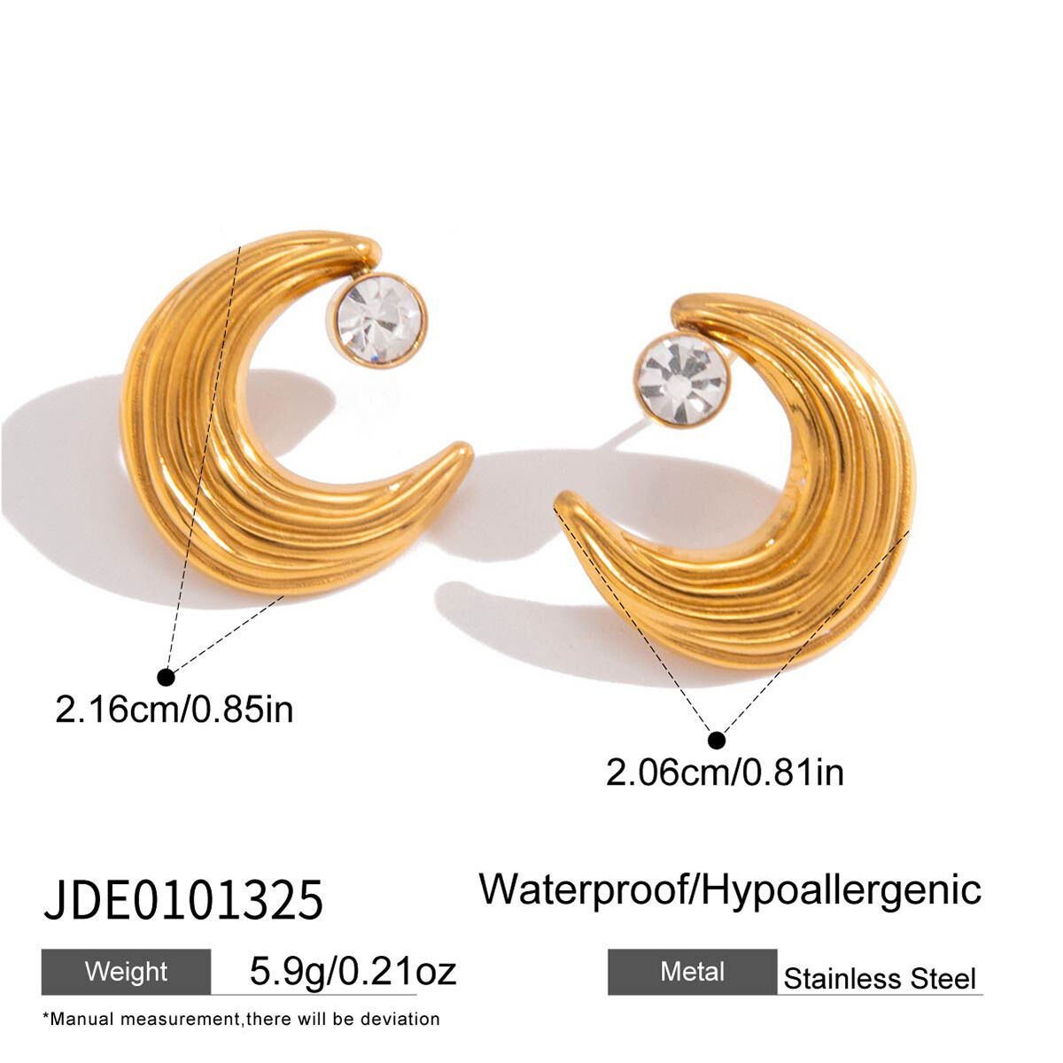 Einfache Mond-Ohrstecker aus Edelstahl, wasserdicht, goldfarben, mit Zirkonia für Damen 