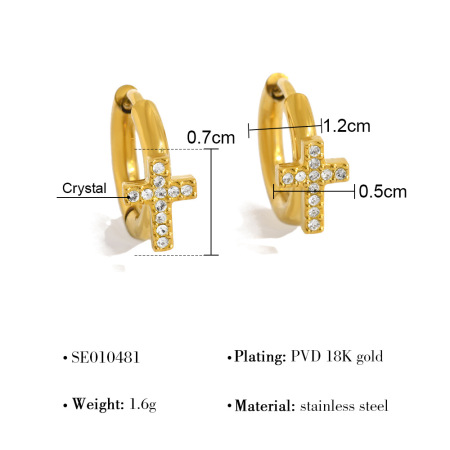 Simple Heart Cross Stainless Steel Waterproof Gold Color Crystal Women's Hoop Earrings