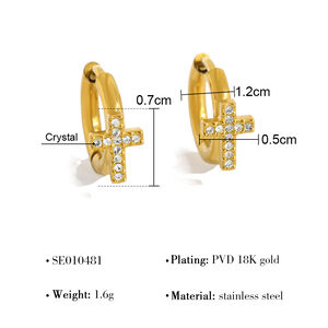 Simple Heart Cross Stainless Steel Waterproof Gold Color Crystal Women's Hoop Earrings h5