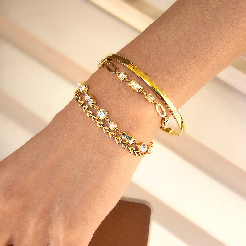 Wasserdichtes Edelstahl-Armband mit Zirkonia-Perlen in Goldfarbe für Damen