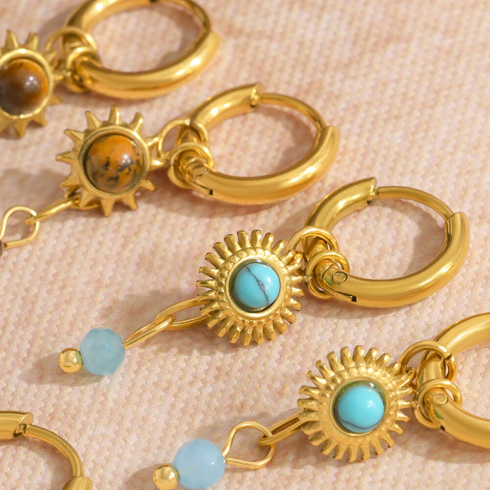 Klassische sonnenförmige Ohrhänger aus Edelstahl, wasserdicht, goldfarben, mit Naturstein, für Damen Bild3