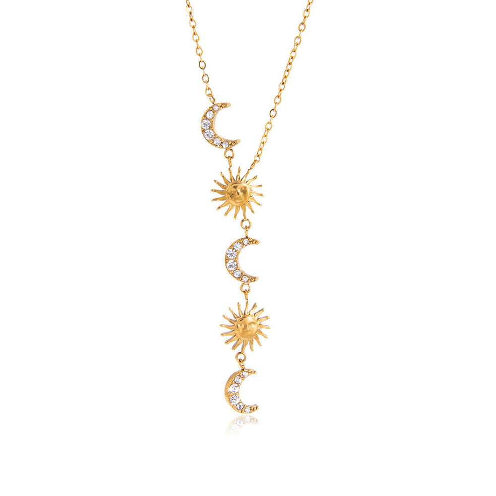 Sun & Moon Y-shape Stainless Steel Waterproof Gold Color Rhinestone Women's Pendant Necklaces Picture6