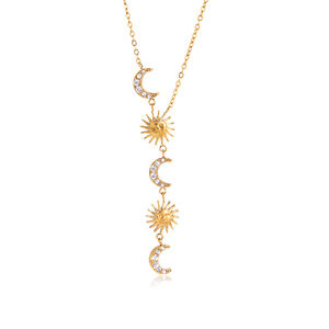 Sun & Moon Y-shape Stainless Steel Waterproof Gold Color Rhinestone Women's Pendant Necklaces h5 Picture6