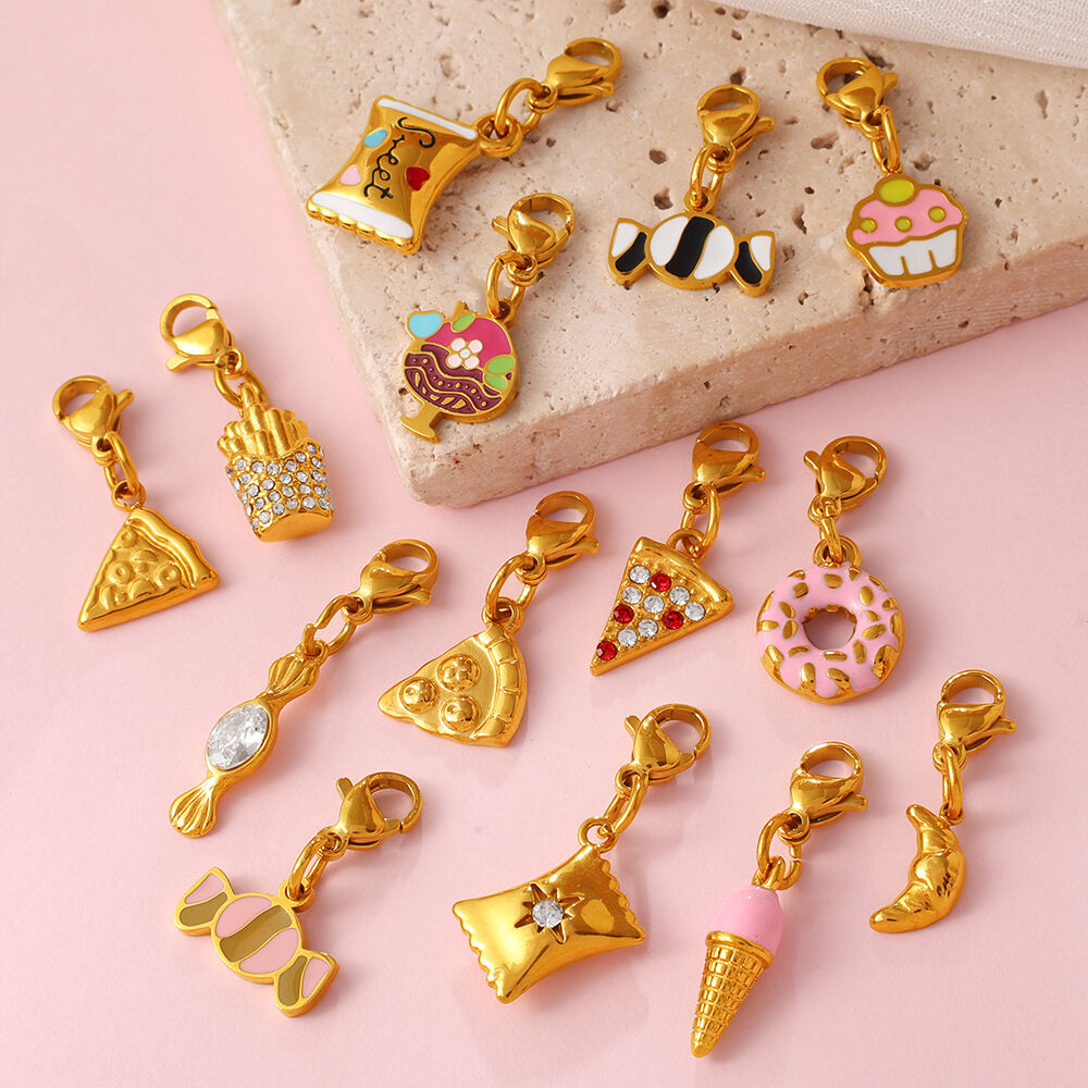 Cute Food Shape Stainless Steel Waterproof Gold Color Rhinestone DIY Pendants 2