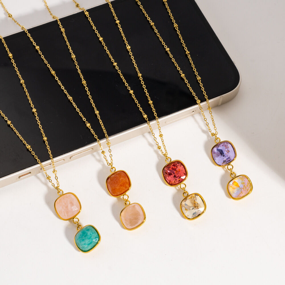 Simple  Retro Mixed Color Rectangle Natural Stones   Gold Color  Women's Pendant Necklaces 2