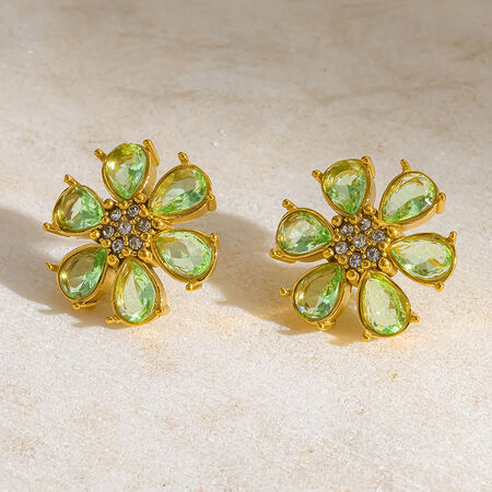 Luxurious Elegant Flower Stainless Steel Waterproof Gold Color Zircon Women's Stud Earrings