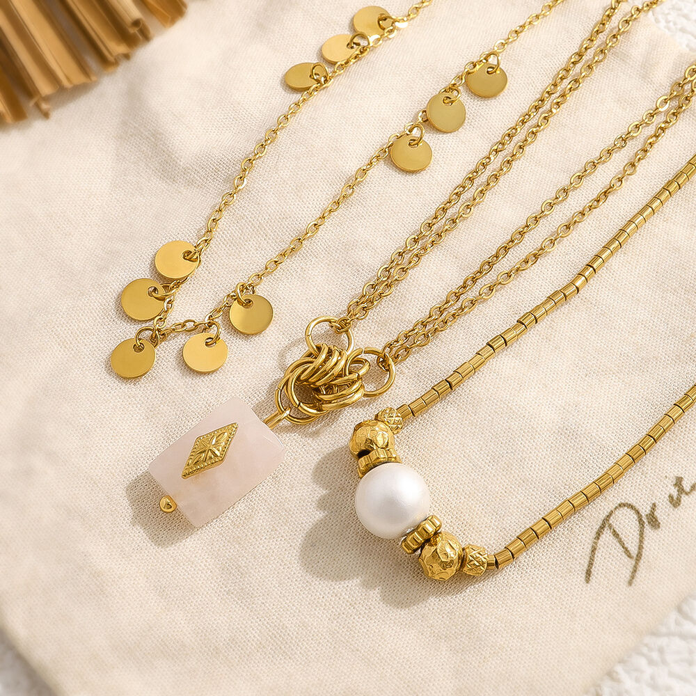 Retro Irregular Shape Stainless Steel Waterproof Gold Color Crystal Pearl Women's Pendant Necklaces h5Picture3