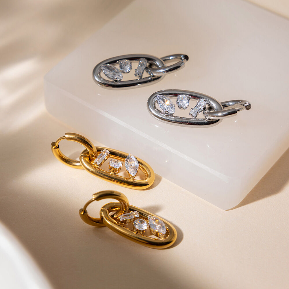 Simple Irregular Shape Stainless Steel Waterproof Gold Color Zircon Women's Drop Earrings 2