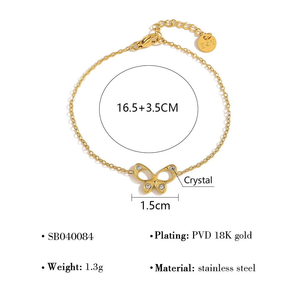 Romantic Flower Butterfly Stainless Steel Waterproof Gold Color Crystal Women's Charm Bracelets