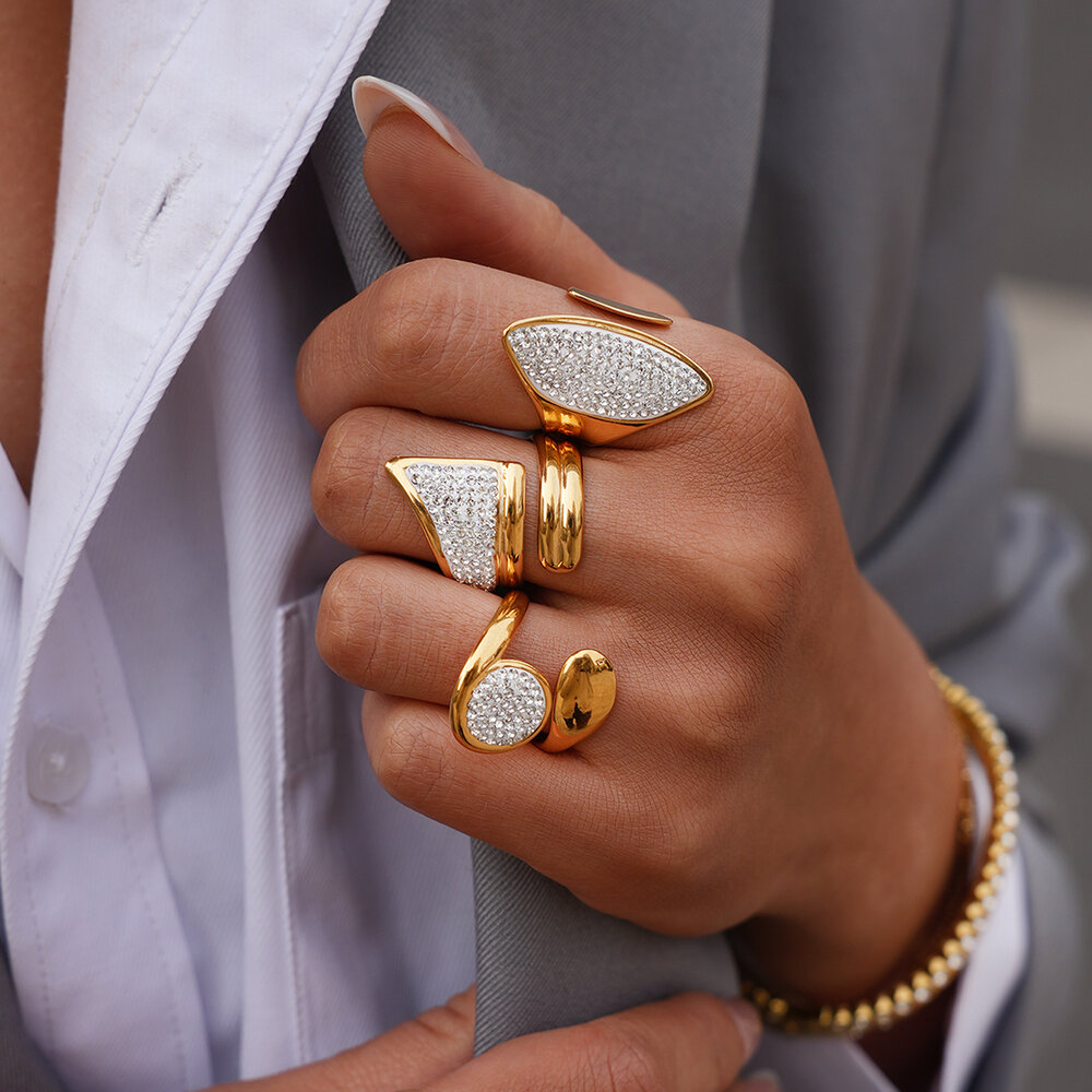 Simple Daily Irregular Shape Stainless Steel Waterproof Gold Color Rhinestone Statement Rings Picture4