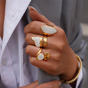 Simple Daily Irregular Shape Stainless Steel Waterproof Gold Color Rhinestone Statement Rings h5 Picture4