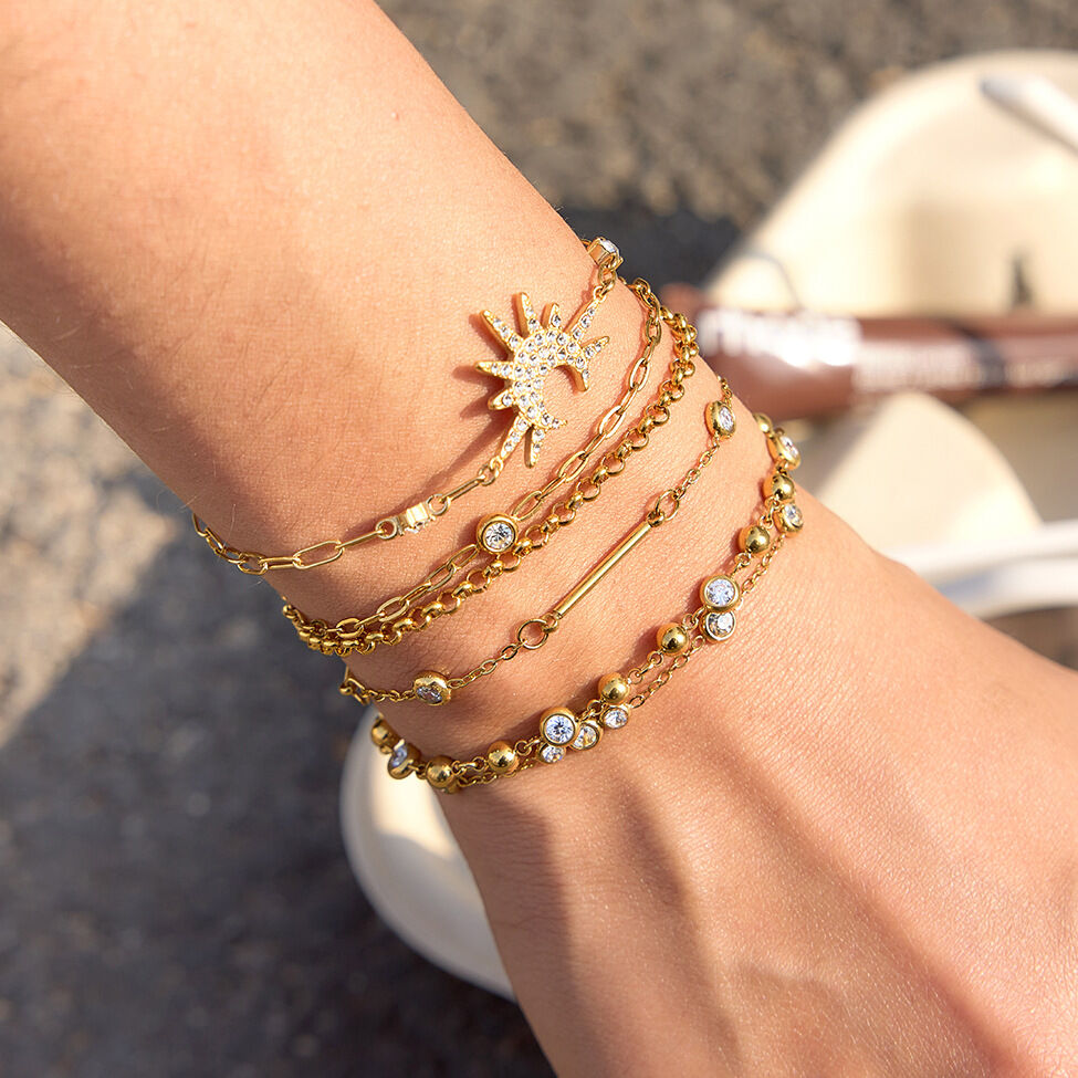 Simple Sun Shape Stainless Steel Waterproof Gold Color Zircon Women's Charm Bracelets 2