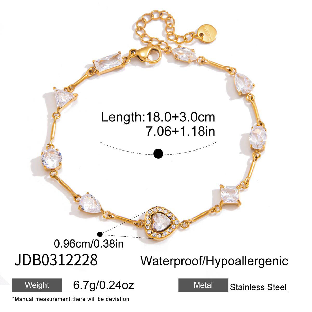 Simple Heart Stainless Steel Waterproof Gold Color Zircon Women's Charm Bracelets