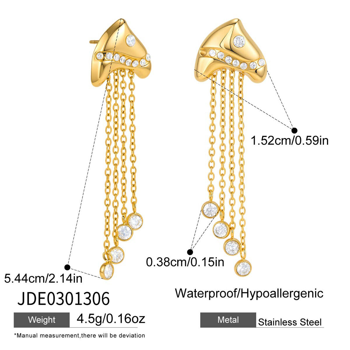 Vacation Tassel Fish Stainless Steel Waterproof Gold Color Zircon Women's Dangle Earrings 