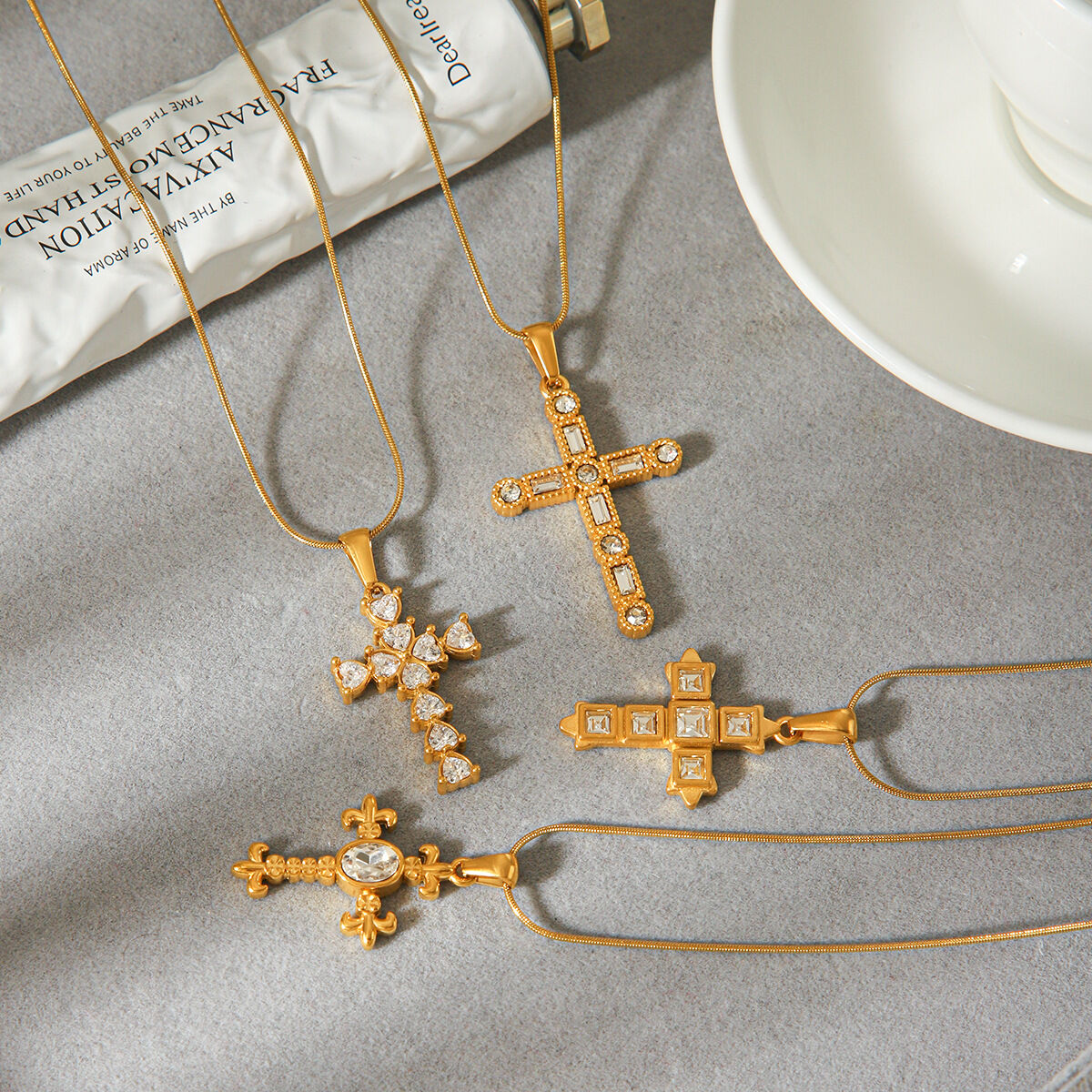 Simple Series Daily Cross Stainless Steel Waterproof   Gold Color  Zircon Women's Pendant Necklaces Picture4