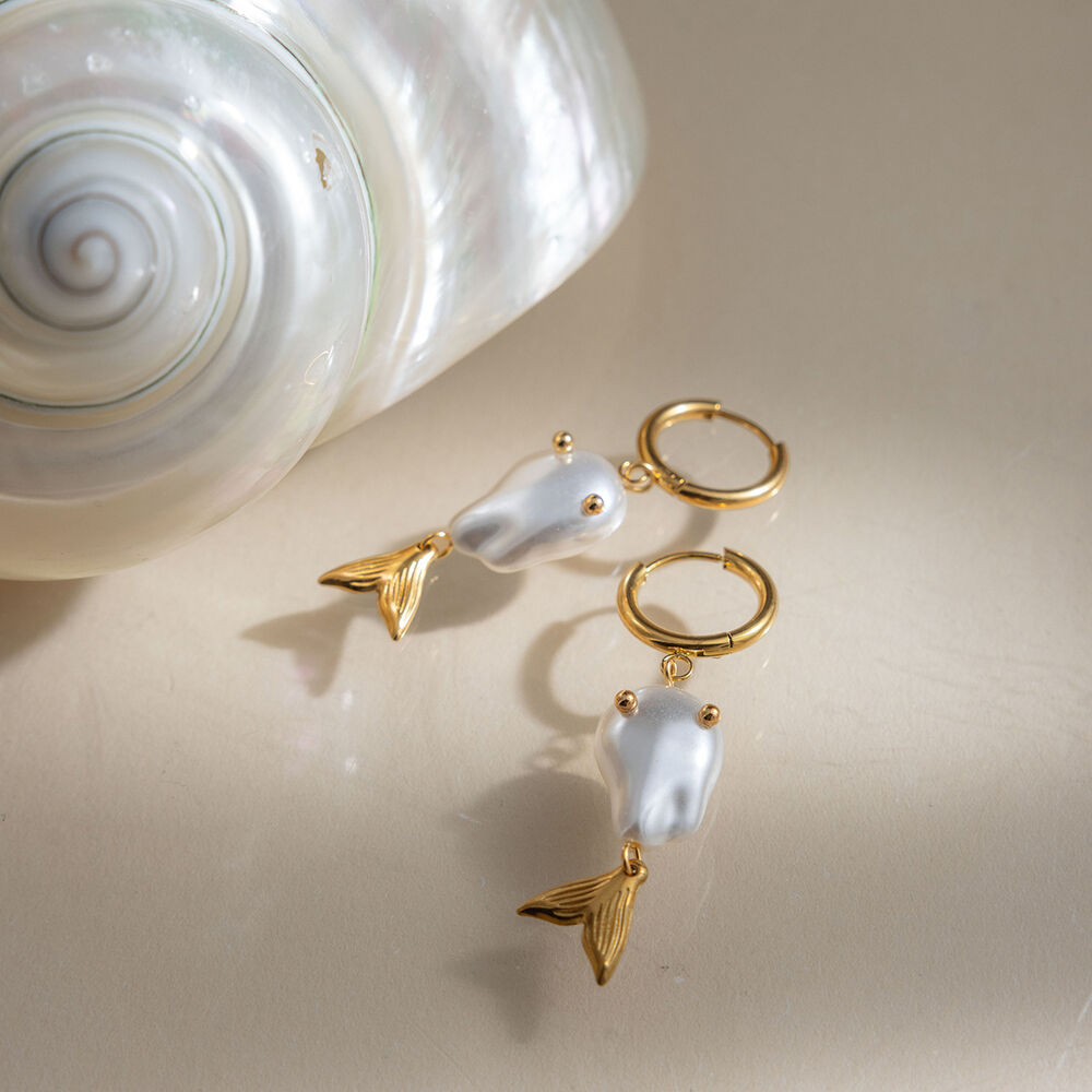 Oceanic Style Fish Shape Stainless Steel Waterproof Gold Color Pearl Women's Drop Earrings h5Picture4