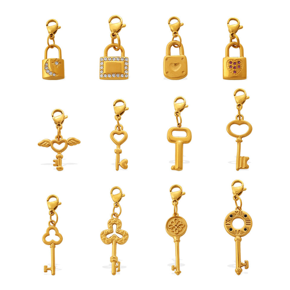 Simple DIY Daily Key Lock Stainless Steel Waterproof Gold Color Rhinestone Pendants Picture5