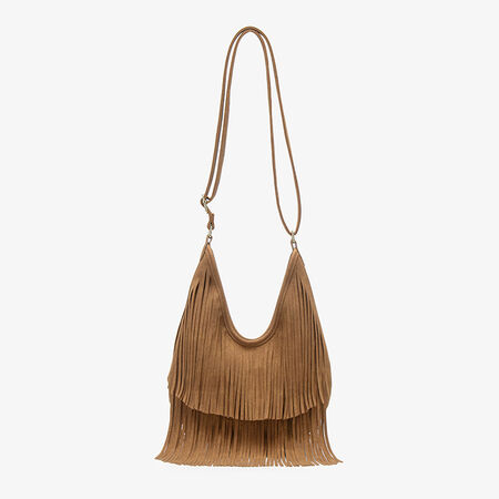 Runde Damentasche im Boho-Stil mit Quasten, einfarbig, aus Leder