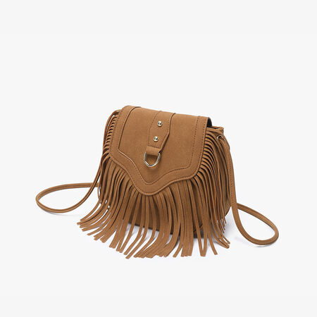 Runde Damentasche im Boho-Stil mit Quasten, einfarbig, aus Leder 2