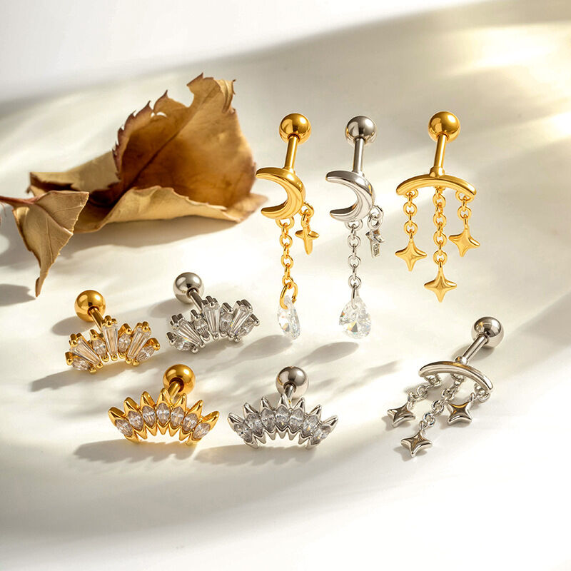 Simple Flower Triangle Moon Copper  Gold Color  Zircon Women's Piercing Earrings Picture6