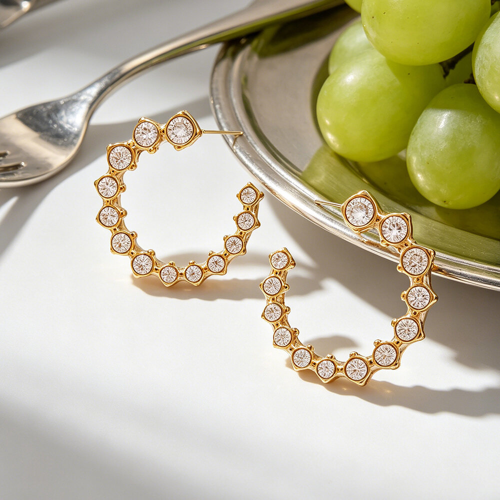 Simple Series Daily Irregular Shape Circle Stainless Steel Waterproof Gold Color Rhinestone Women's Stud Earrings h5Picture5