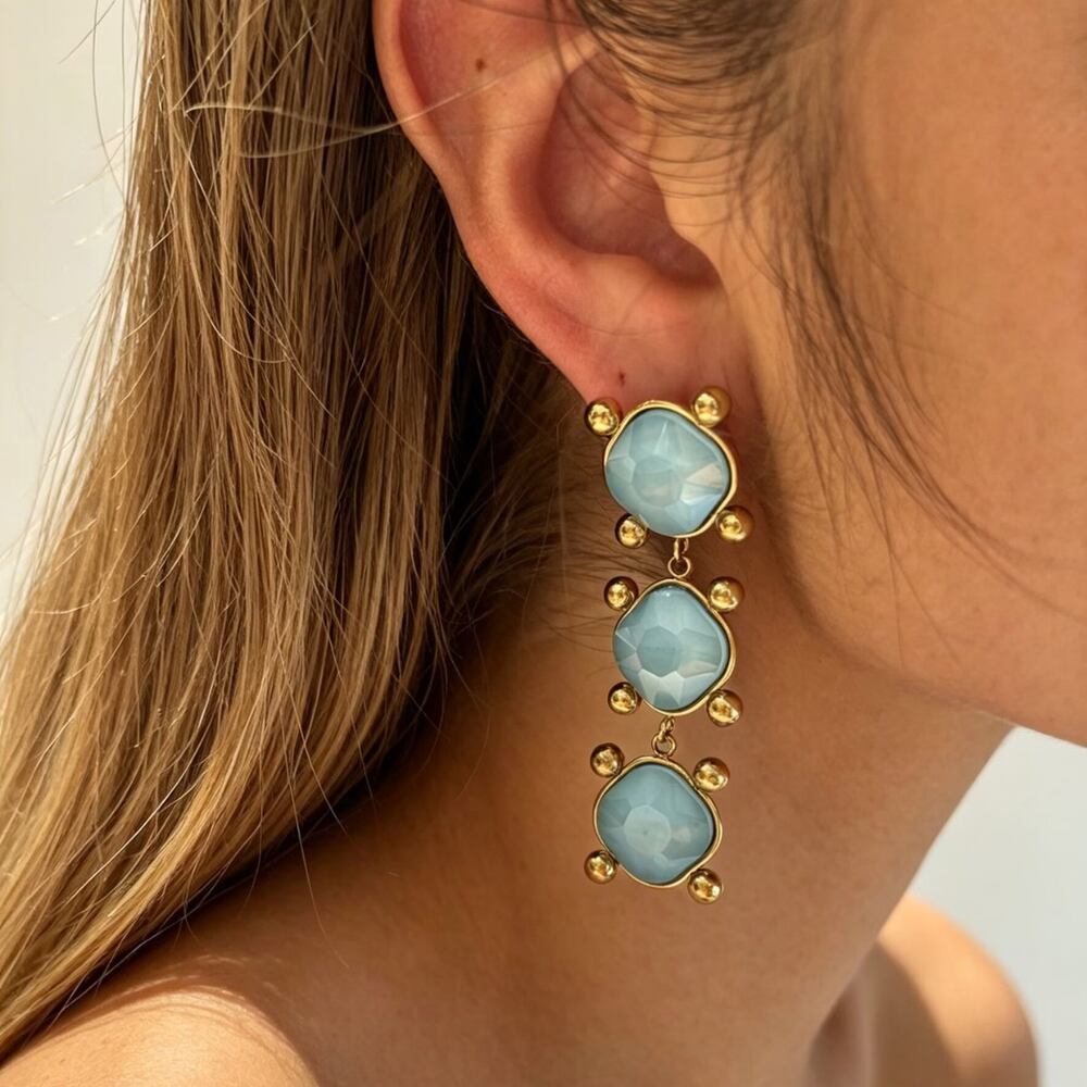 Retro Rectangle Stainless Steel Waterproof Gold Color Crystal Women's Dangle Earrings Picture2