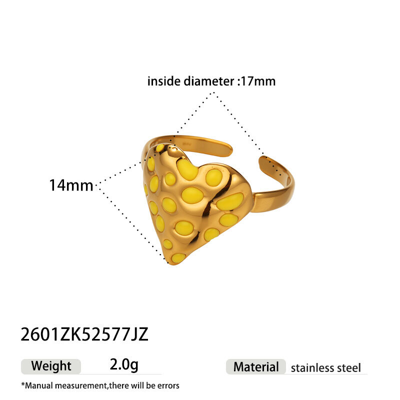 Retro Enamel Heart Stainless Steel Waterproof Gold Color Statement Rings h5 