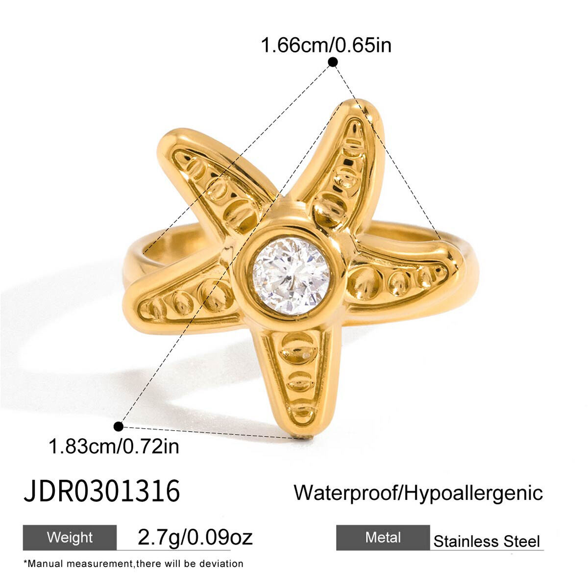 Vacation Oceanic Style Starfish Stainless Steel Waterproof Gold Color Zircon Statement Rings 