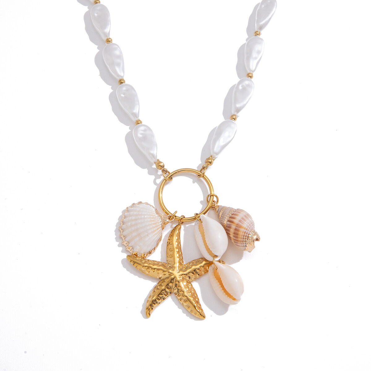 Vacation Shell Starfish Stainless Steel Waterproof Gold Color Artificial Pearl Women's Beaded Necklaces Picture7