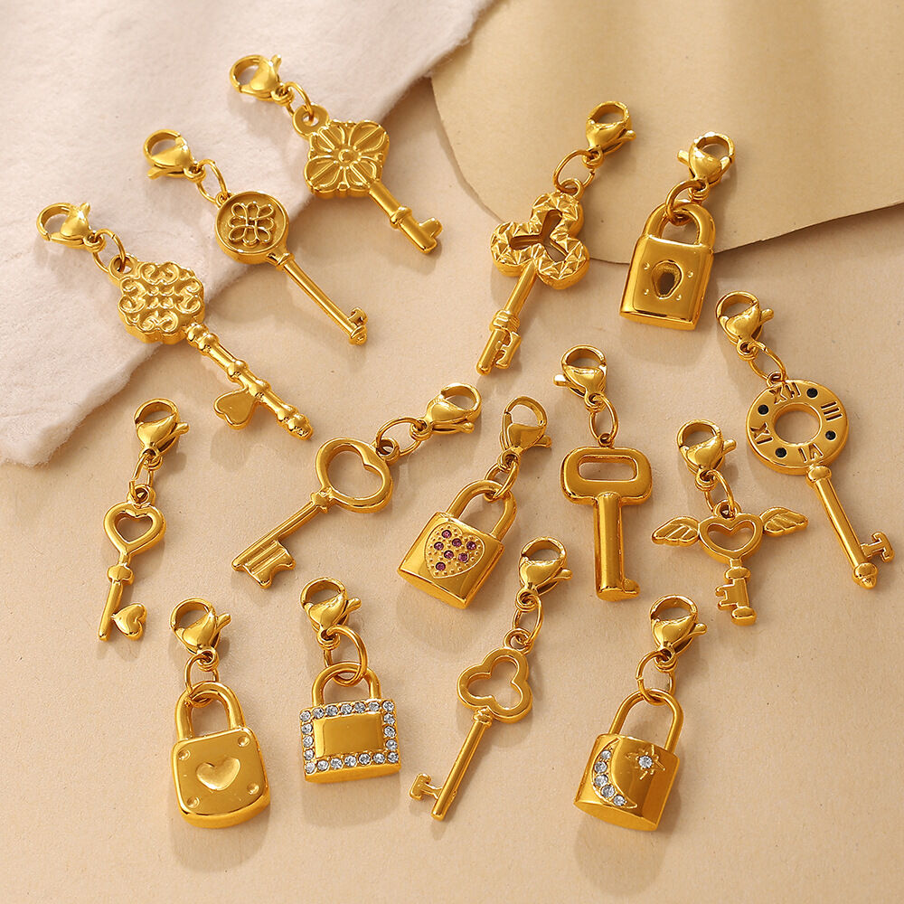Simple DIY Daily Key Lock Stainless Steel Waterproof Gold Color Rhinestone Pendants