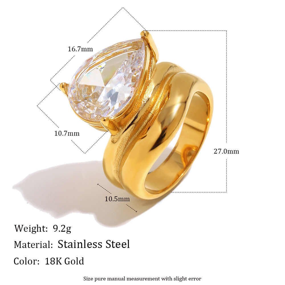 Luxuriöse Serie: Elegante, tropfenförmige Damenringe aus wasserdichtem Edelstahl in Goldfarbe mit Edelsteinen Bild4
