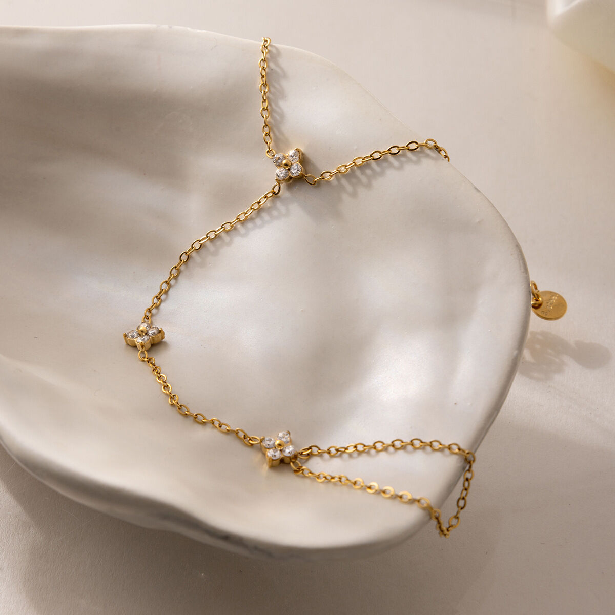 Elegant Flower Clover Stainless Steel Waterproof Gold Color Zircon Women's Hand Chain Picture2