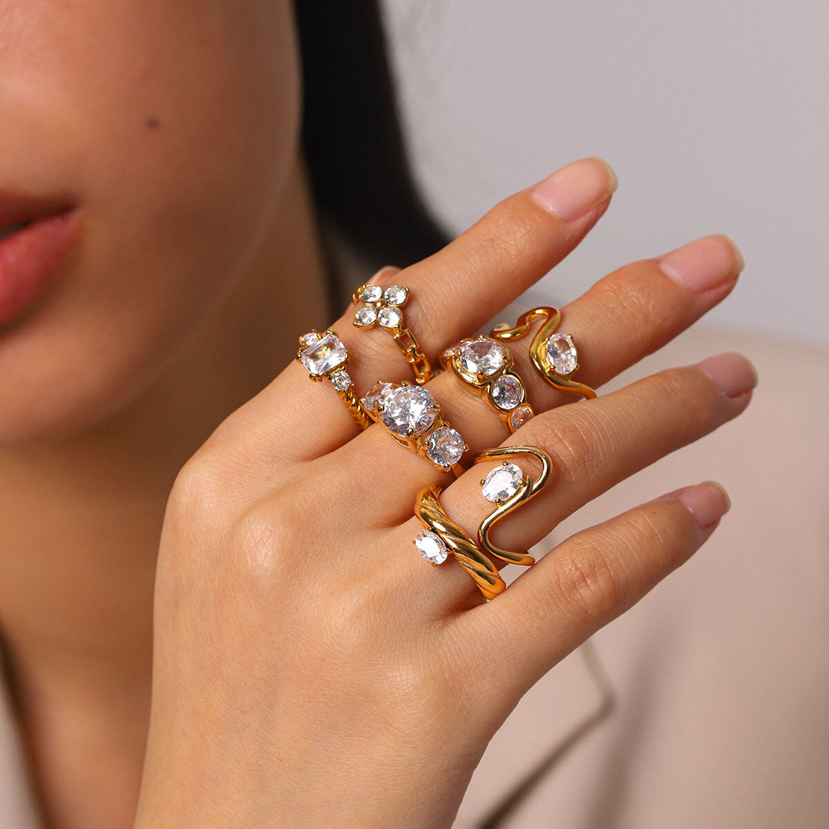 Luxurious  Daily Irregular Shape Stainless Steel Waterproof   Gold Color  Zircon Women's Gemstone Rings Picture5