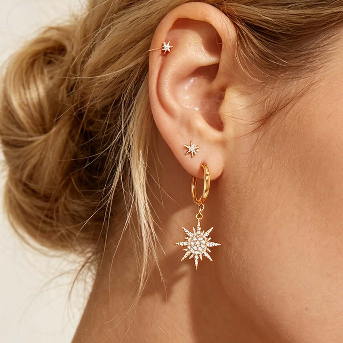 Simple  Daily Star Stainless Steel Waterproof   Gold Color  Rhinestone Women's Hoop Earrings
