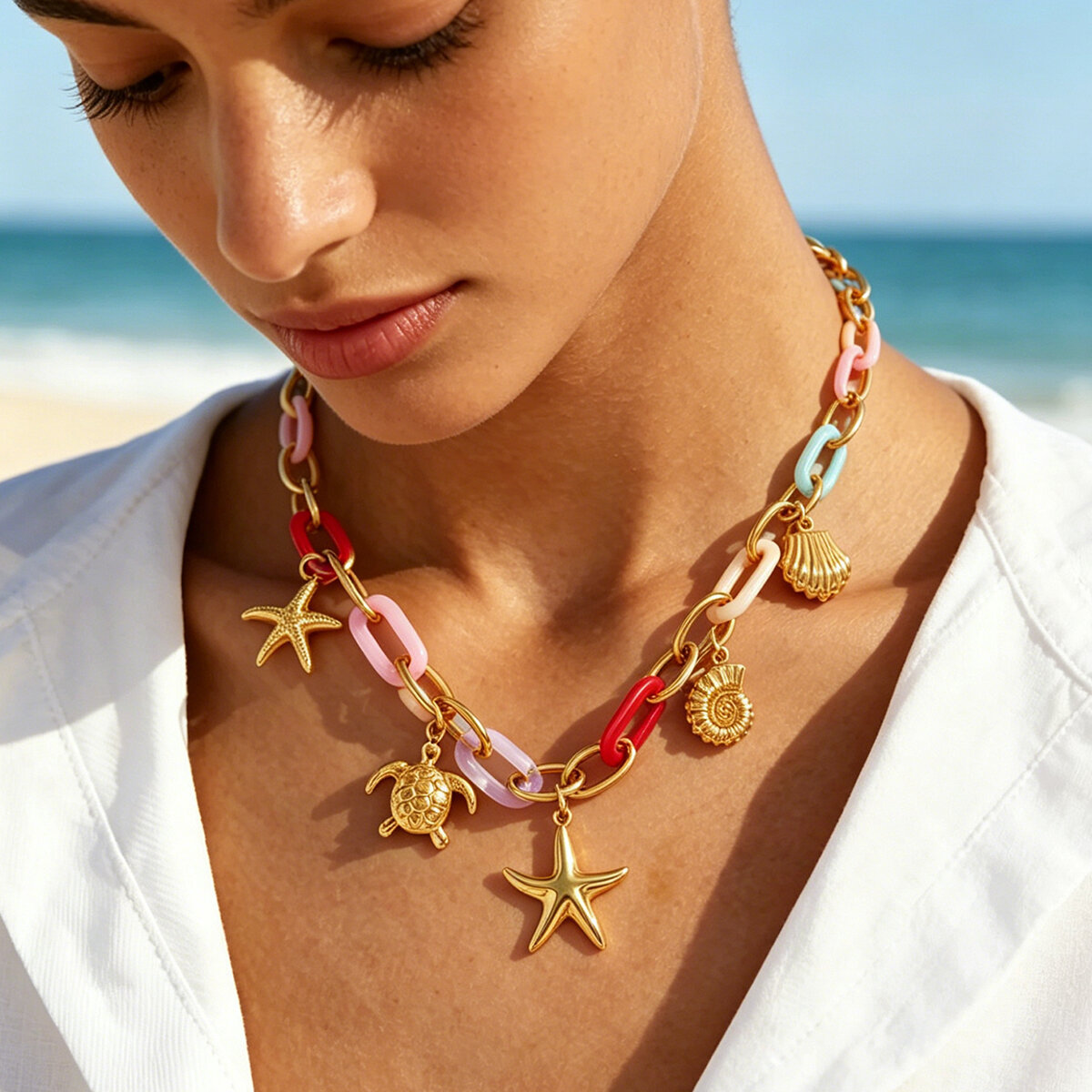 Simple Series Daily Shell Starfish Stainless Steel Waterproof   Gold Color  Women's Necklaces Sets Picture3