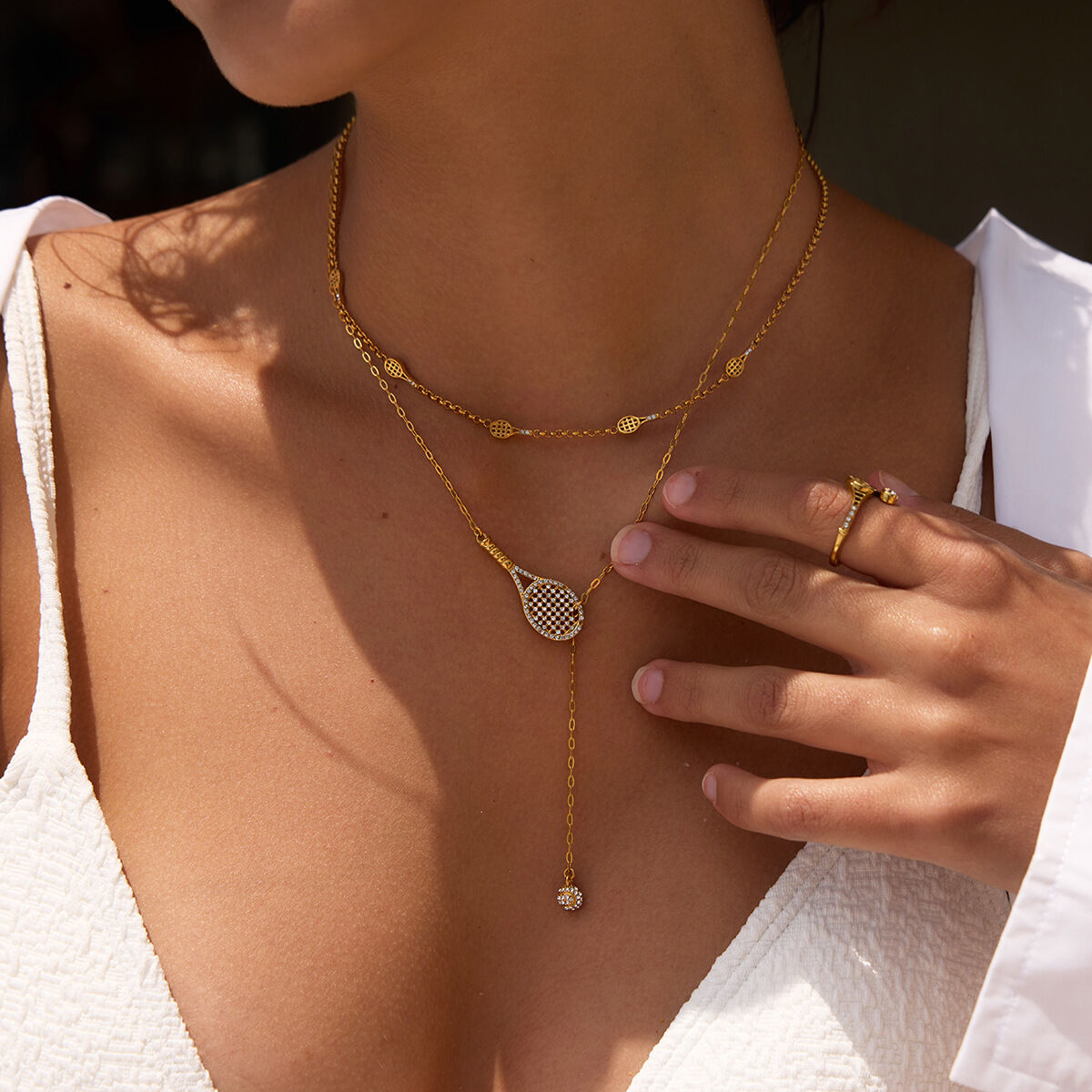 Tennis Racket Shape Stainless Steel Waterproof Gold Color Zircon Women's Necklaces Sets Picture3