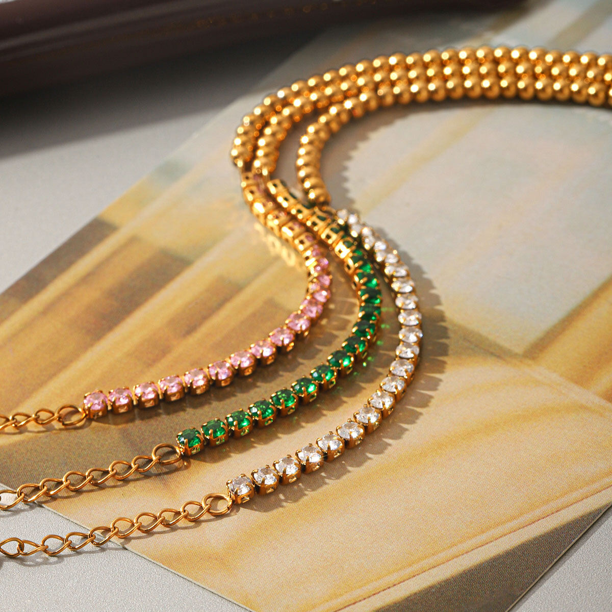 Pulseras de cadena para mujer de acero inoxidable, impermeables, color dorado y con circonitas, de la serie Simple Daily Beads. 2