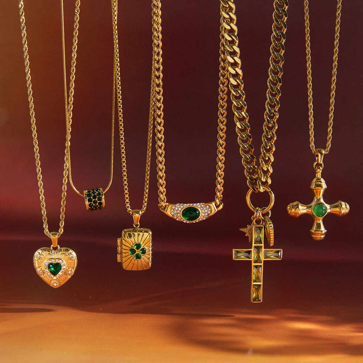 Retro Heart Cross Clover Stainless Steel Waterproof Gold Color Zircon Women's Pendant Necklaces