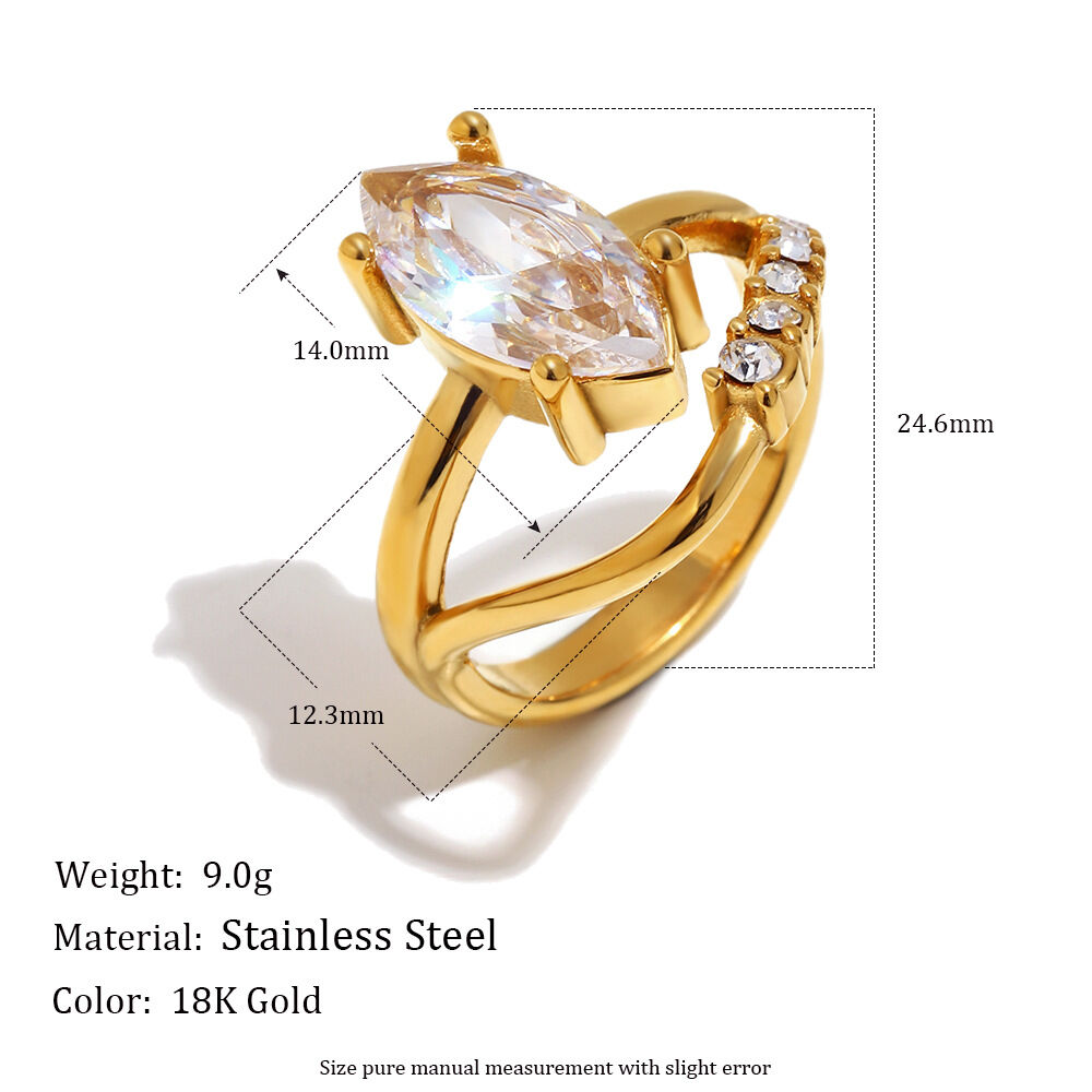 Lussuosi anelli da donna in acciaio inossidabile color oro con zirconi, forma irregolare a goccia, impermeabili. h5Immagine4