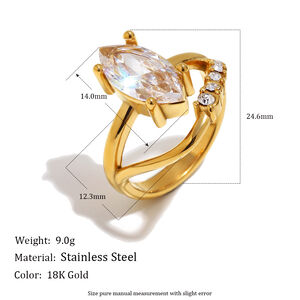 Lussuosi anelli da donna in acciaio inossidabile color oro con zirconi, forma irregolare a goccia, impermeabili. h5 Immagine4