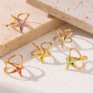 Simple Enamel Starfish Stainless Steel Waterproof Gold Color Statement Rings h5 Picture3