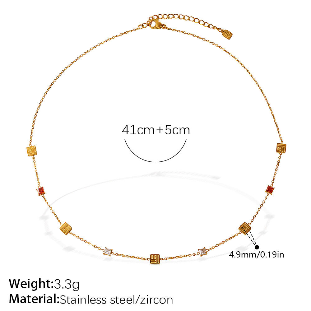 Luxury Daily Chain Rectangle Stainless Steel Waterproof Gold Color Zircon Women's Pendant Necklaces
