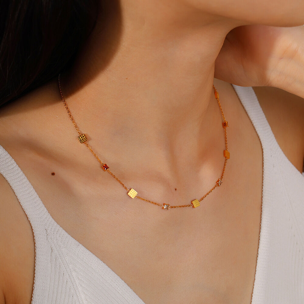 Luxury Daily Chain Rectangle Stainless Steel Waterproof Gold Color Zircon Women's Pendant Necklaces h5Picture4