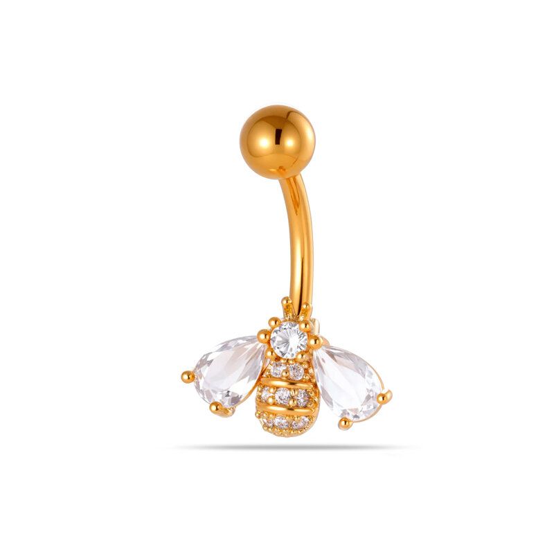 Piercing all'ombelico semplice con fiore, cuore, farfalla e luna, in rame e oro con zirconi.