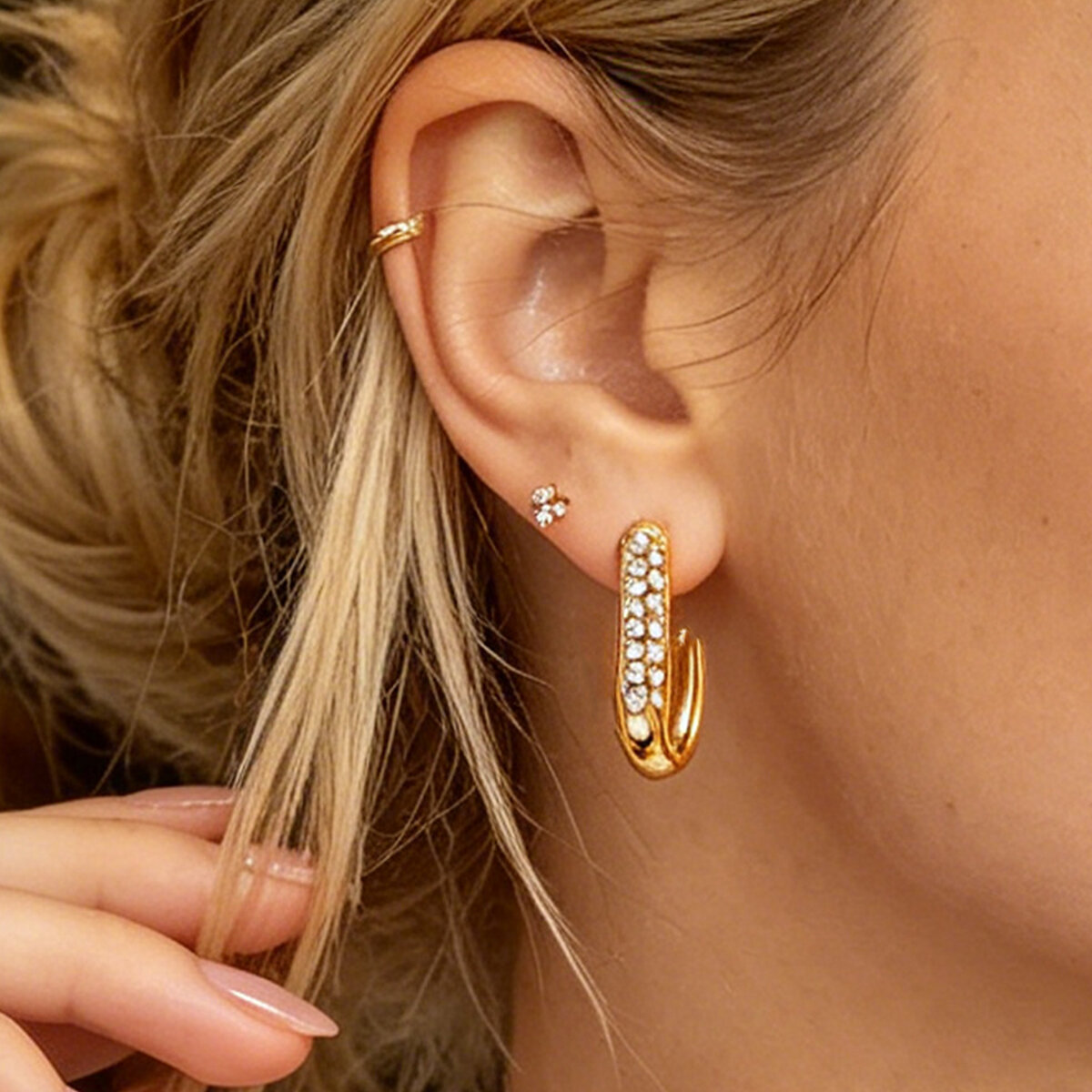 Simple Irregular Shape Stainless Steel Waterproof   Gold Color  Rhinestone Women's Stud Earrings