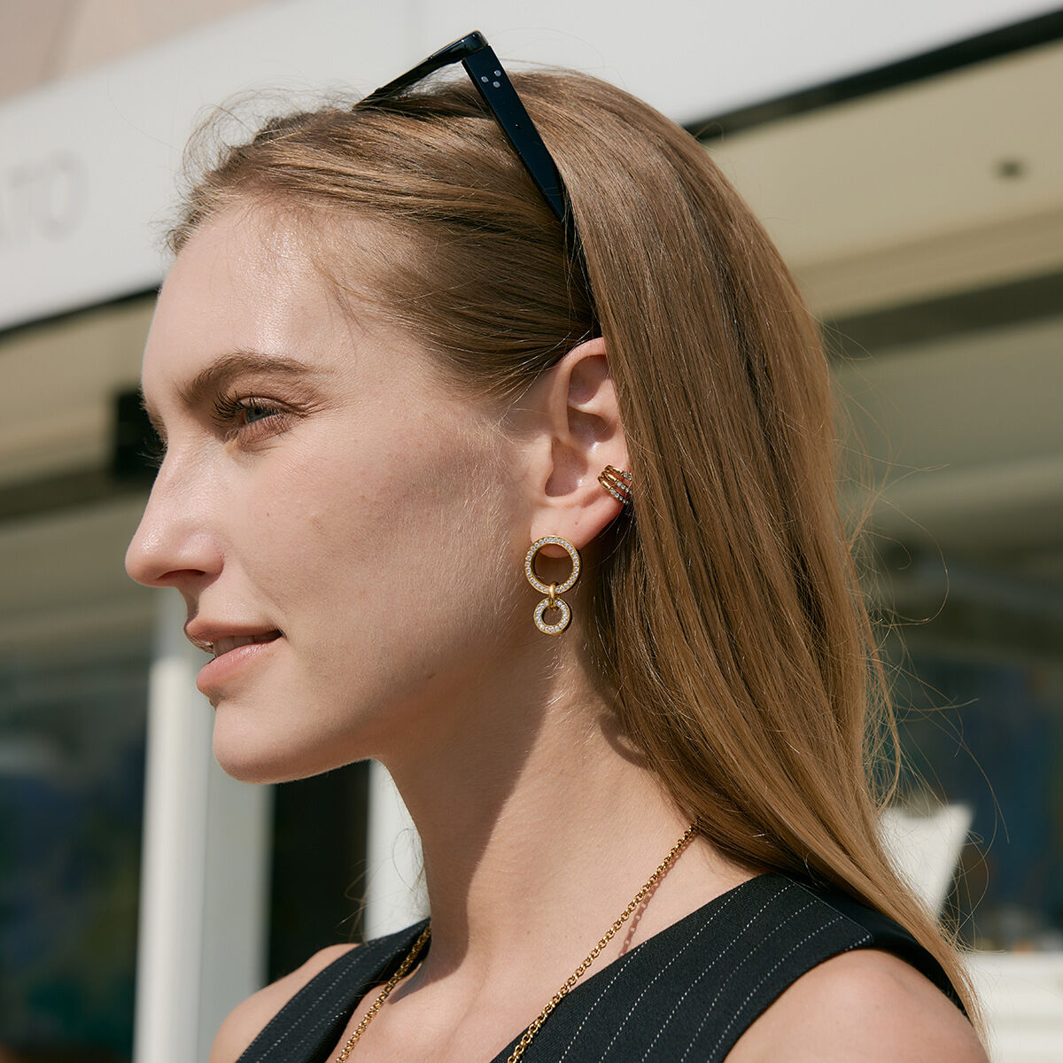 Circle Stainless Steel Waterproof Gold Color Zircon Women's Drop Earrings h5 Picture5