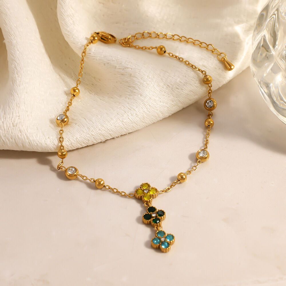 Elegant Flower Stainless Steel Waterproof Gold Color Zircon Anklets h5 Picture3