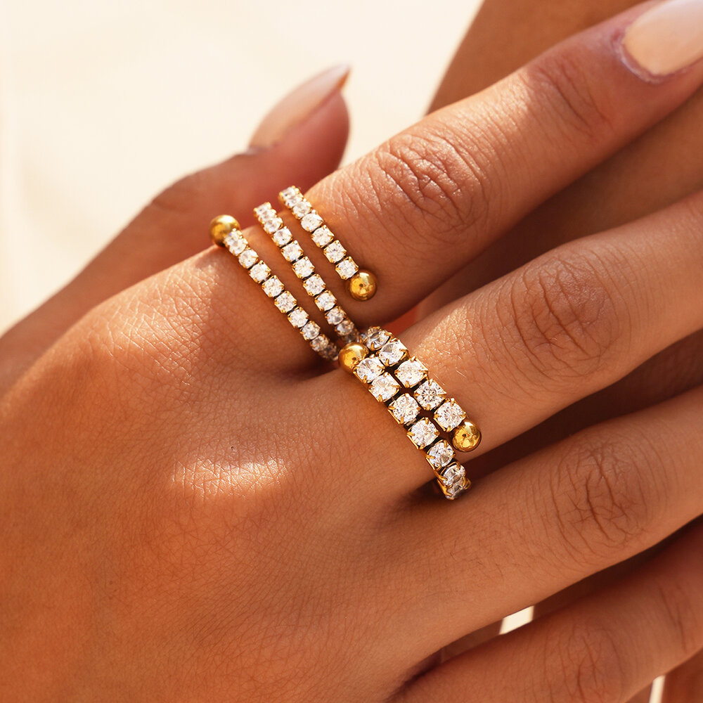 Simple Series Daily Irregular Shape Stainless Steel Waterproof Gold Color Zircon Ring Sets Picture5